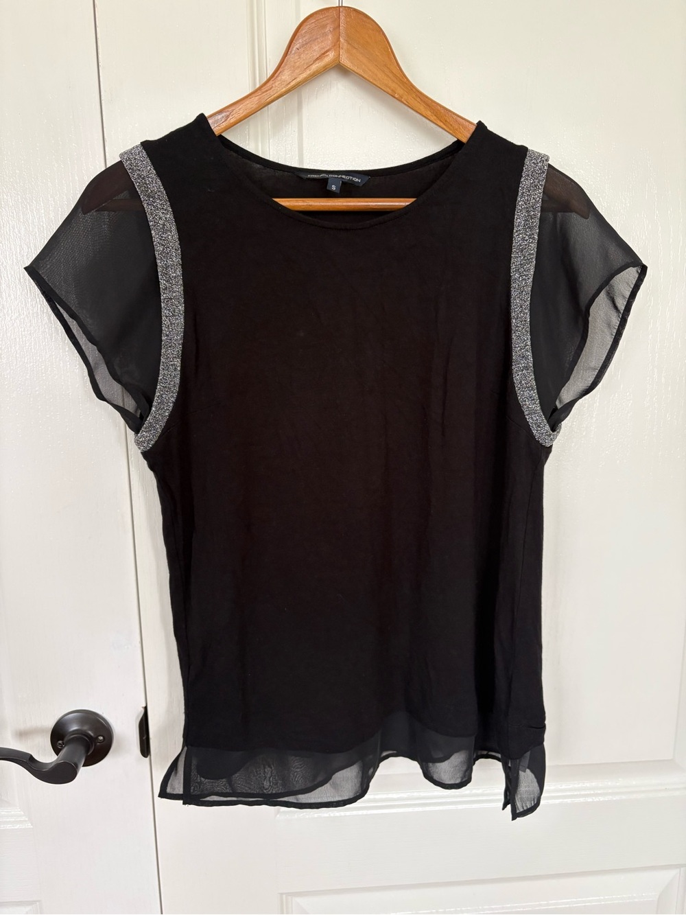 French Connection Black Sheer-Sleeve Top with Metallic Trim